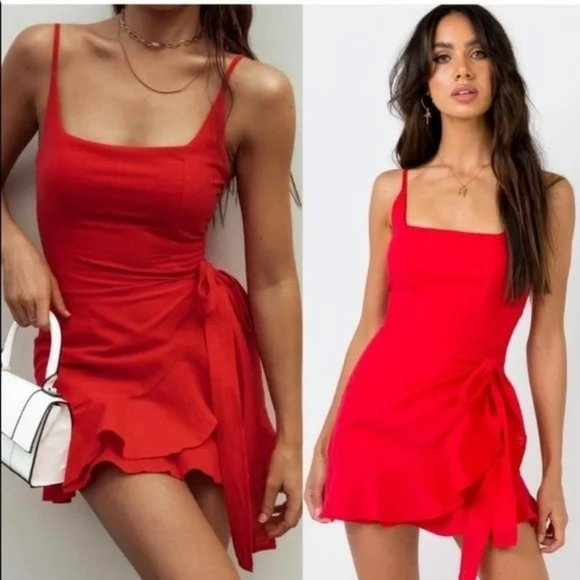 Princess Polly Dresses & Skirts - Princess Polly Love Lane Raw Hem Wrap Ruffle Mini Dress Size 2 Red Valentine